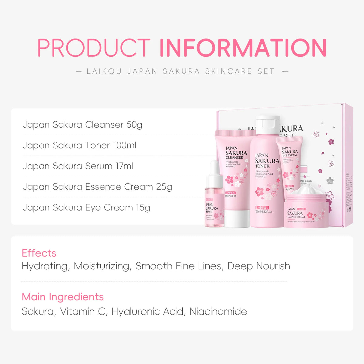 LAIKOU Sakura 5pc skincare set with pink kit; cleanser, toner, serum, essence cream, eye cream on Tampa Home & Garden Store