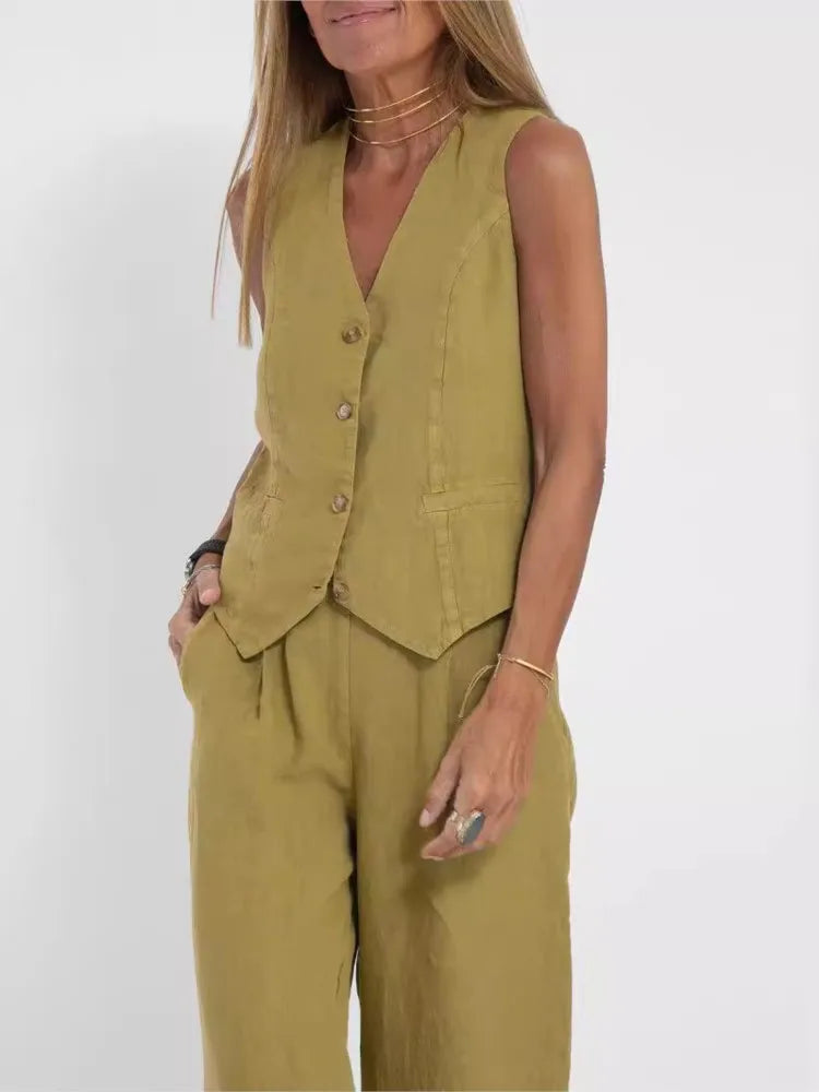 Women's sleeveless vest and pants set in olive, buttoned vest with pockets and wide pants on Tampa Home & Garden Store