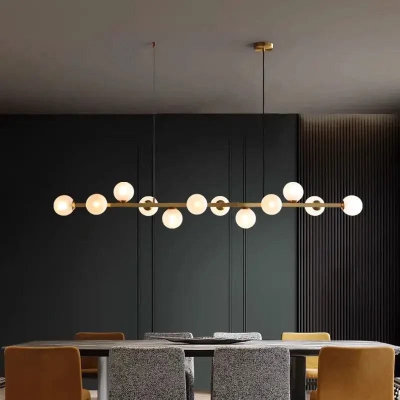DecorBites LED pendant chandelier, brass bar with frosted globe bulbs, modern dining lighting on Tampa Home & Garden Store