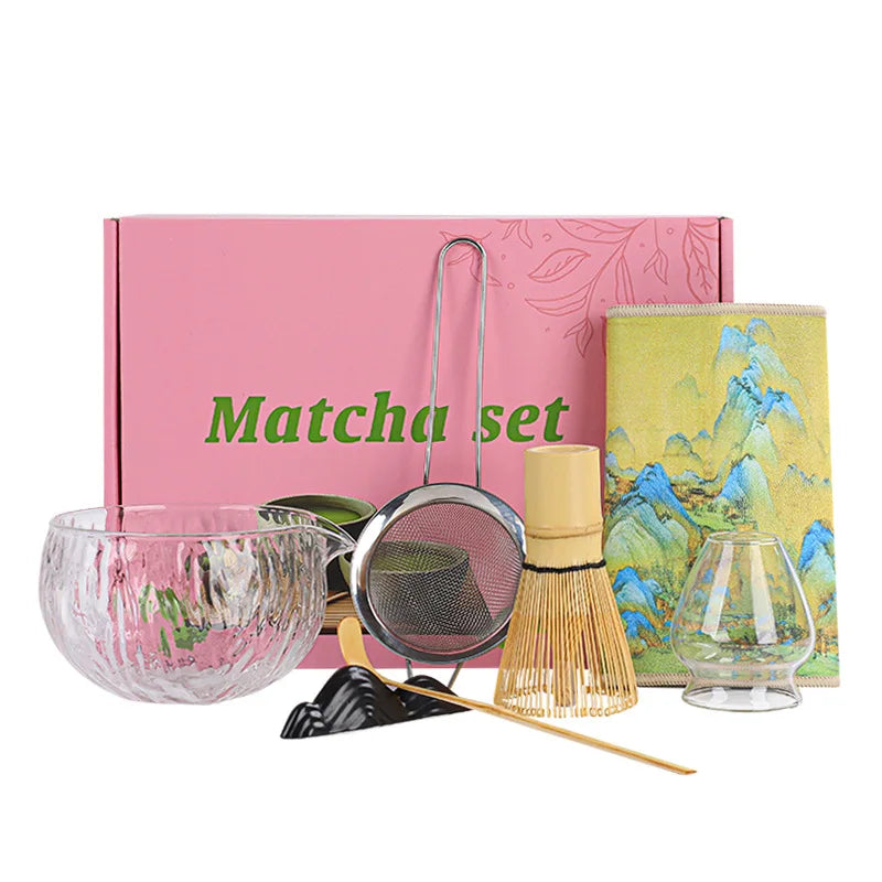 Perfecsy glass matcha whisk set 1/4/7-pcs with bamboo whisk, scoop and sifter on pink box on Tampa Home & Garden Store
