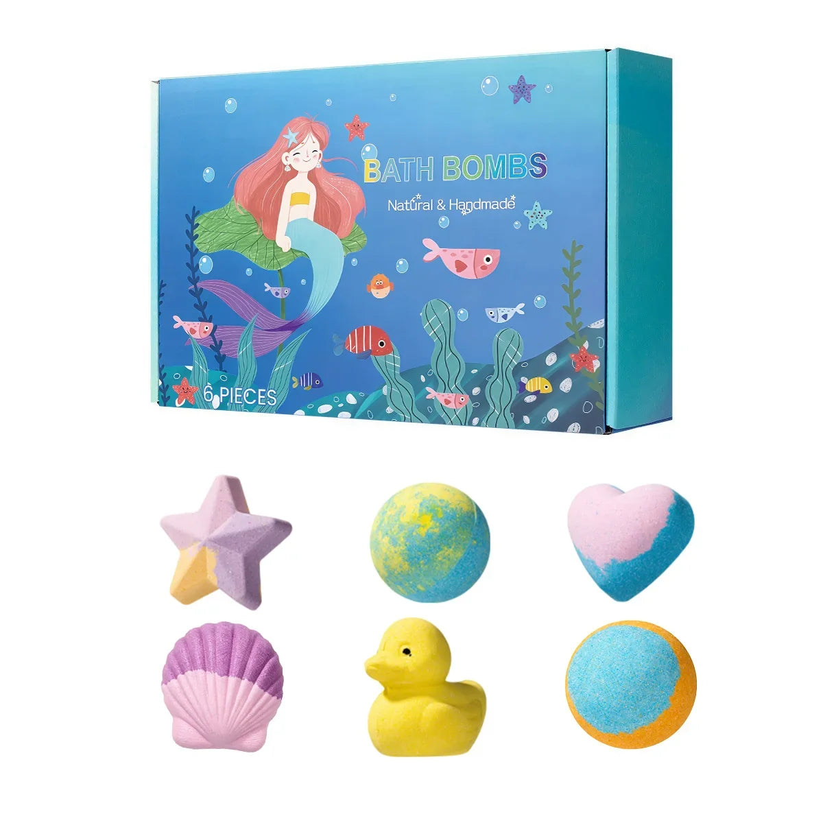 Silcy Skin bath bombs six-piece set with star, shell, heart, duck, ball shapes in ocean-blue box on Tampa Home & Garden Store