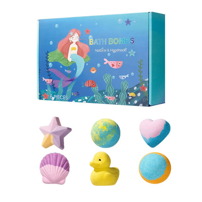 Silcy Skin bath bombs six-piece set with star, shell, heart, duck, ball shapes in ocean-blue box on Tampa Home & Garden Store