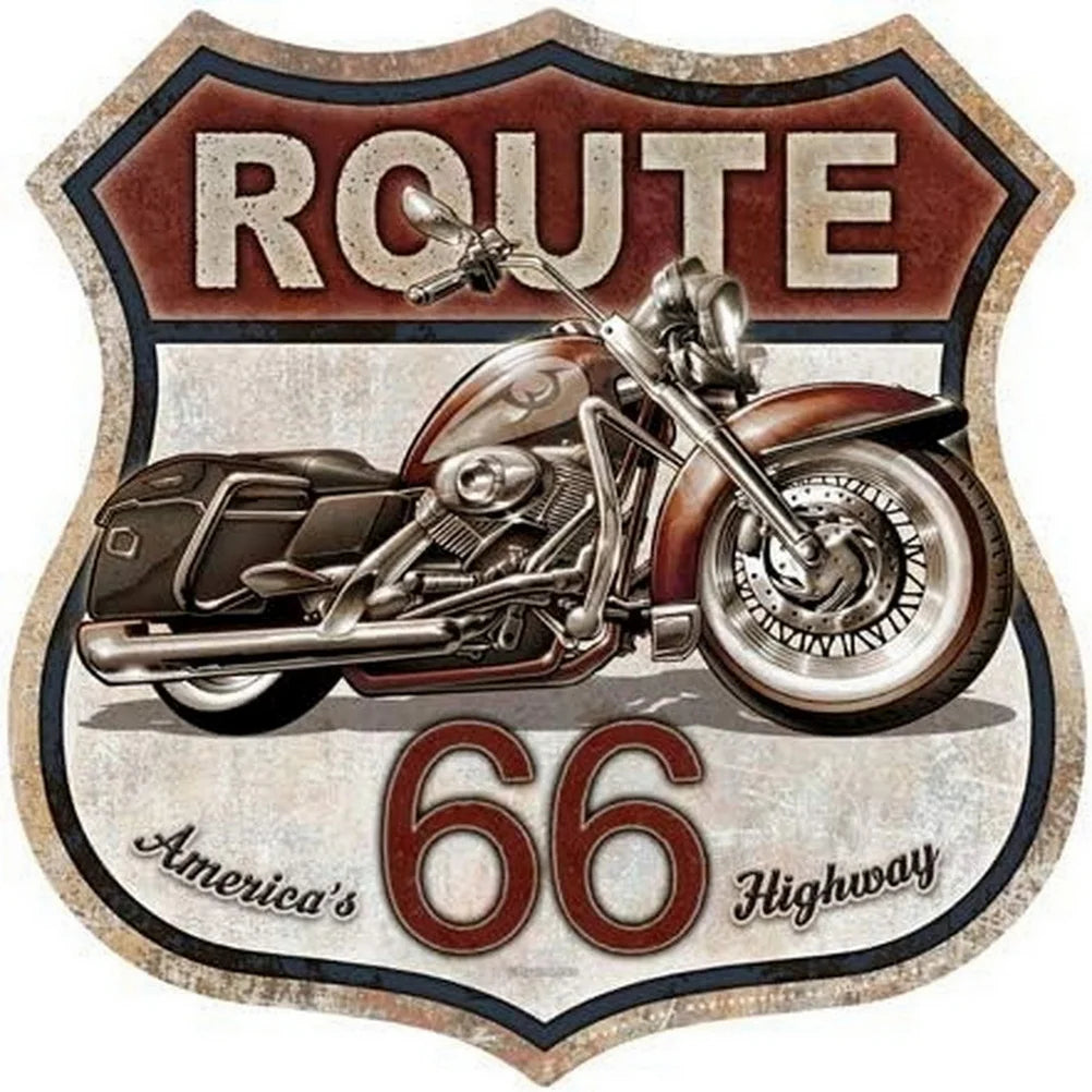 Route 66 shield tin sign with vintage motorcycle graphic, weathered metal by BikerZoneZ on Tampa Home & Garden Store