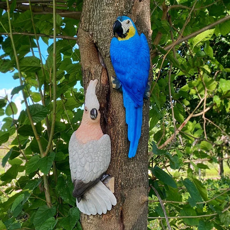 2pcs wall mounted parrot statues, blue macaw and pink cockatoo resin garden sculptures on Tampa Home & Garden Store