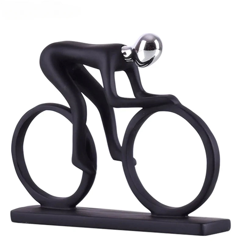 Perfecsy modern abstract resin cyclist statue, black matte rider on wheels with head on Tampa Home & Garden Store