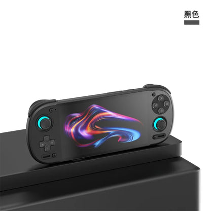 Retroid Pocket 6 gaming handheld with 5.5 OLED screen and neon blue joysticks on a dock on Tampa Home & Garden Store