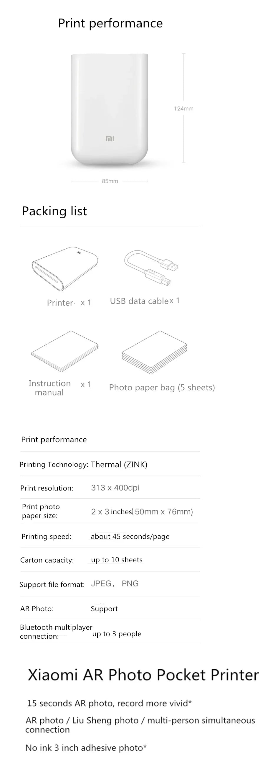 Portable white mini photo printer with USB data cable, manual, and 5 sheets photo paper on Tampa Home & Garden Store