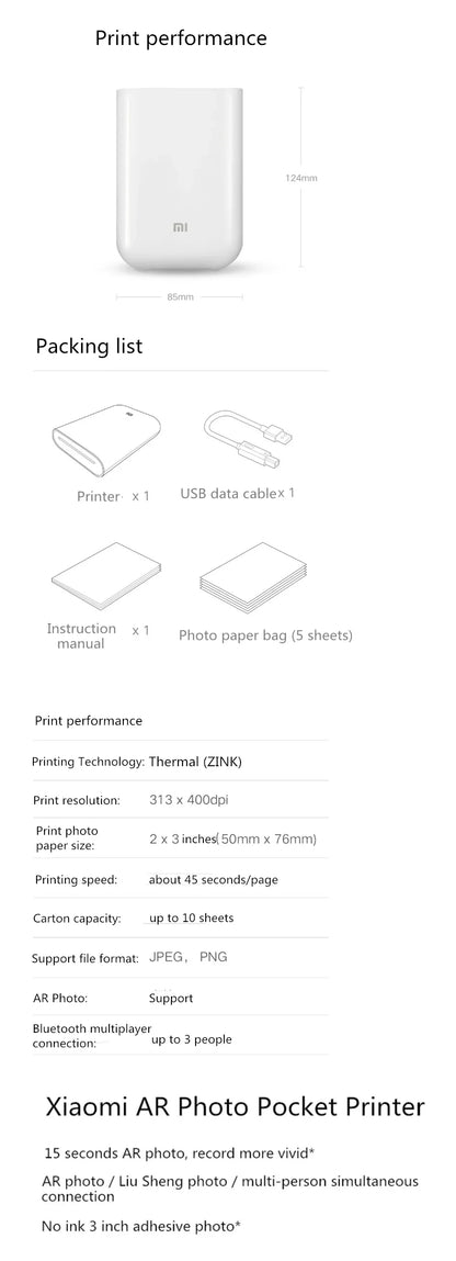 Portable white mini photo printer with USB data cable, manual, and 5 sheets photo paper on Tampa Home & Garden Store
