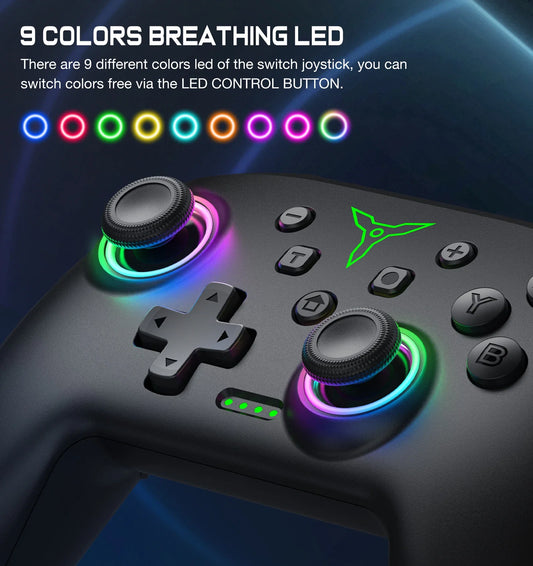 RGB wireless Switch Pro controller by FLIPSTYLEZLLC with 9-color LED rings around thumbsticks on Tampa Home & Garden Store
