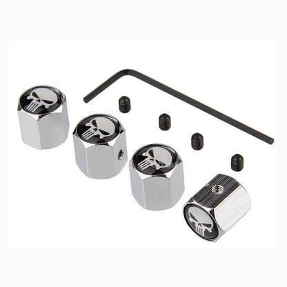 Anti-Theft Skull Valve Stem Caps set by BikerZoneZ, chrome finish, 4 caps with skull logos on Tampa Home & Garden Store