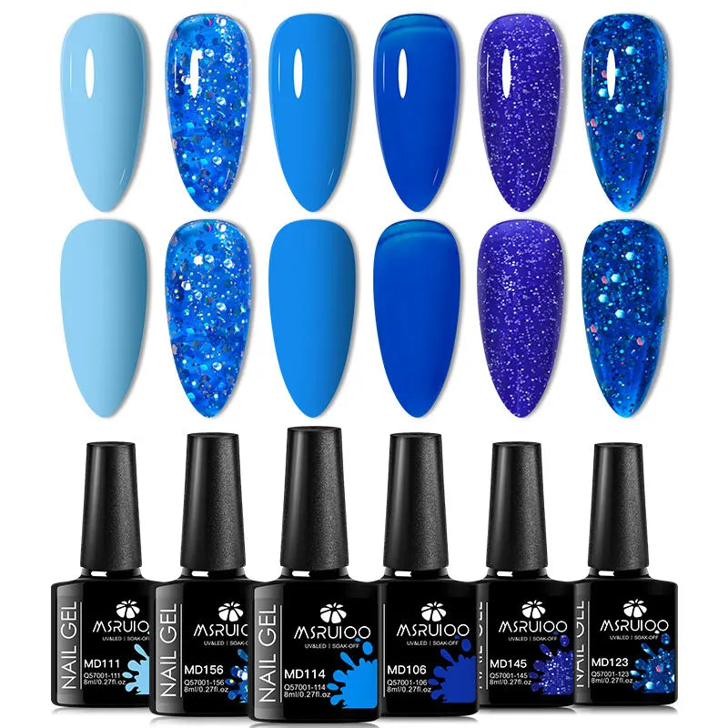 Silcy Skin 6pc Nail Gel Polish Set in blue tones with glitter, UV gel for salon DIY manicure on Tampa Home & Garden Store