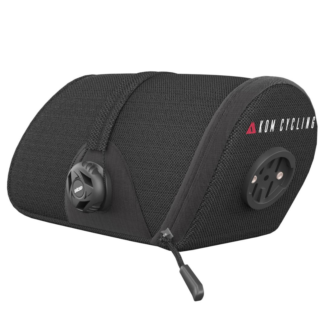 Saddle bag KOM Cycling black fabric roll-top with pump mount and side logo on Tampa Home & Garden Store