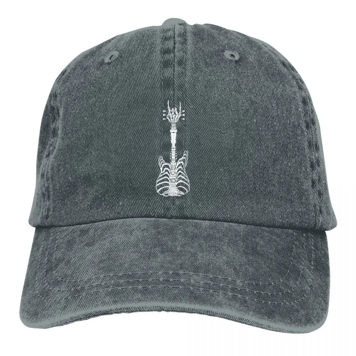 Rock & Roll Skeleton Cap by BikerZoneZ, charcoal washed with white skeleton guitar graphic on Tampa Home & Garden Store