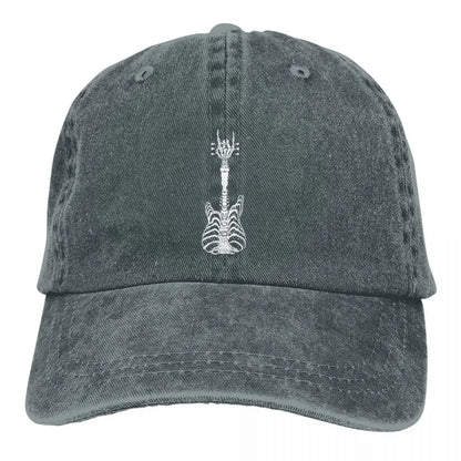 Rock & Roll Skeleton Cap by BikerZoneZ, charcoal washed with white skeleton guitar graphic on Tampa Home & Garden Store