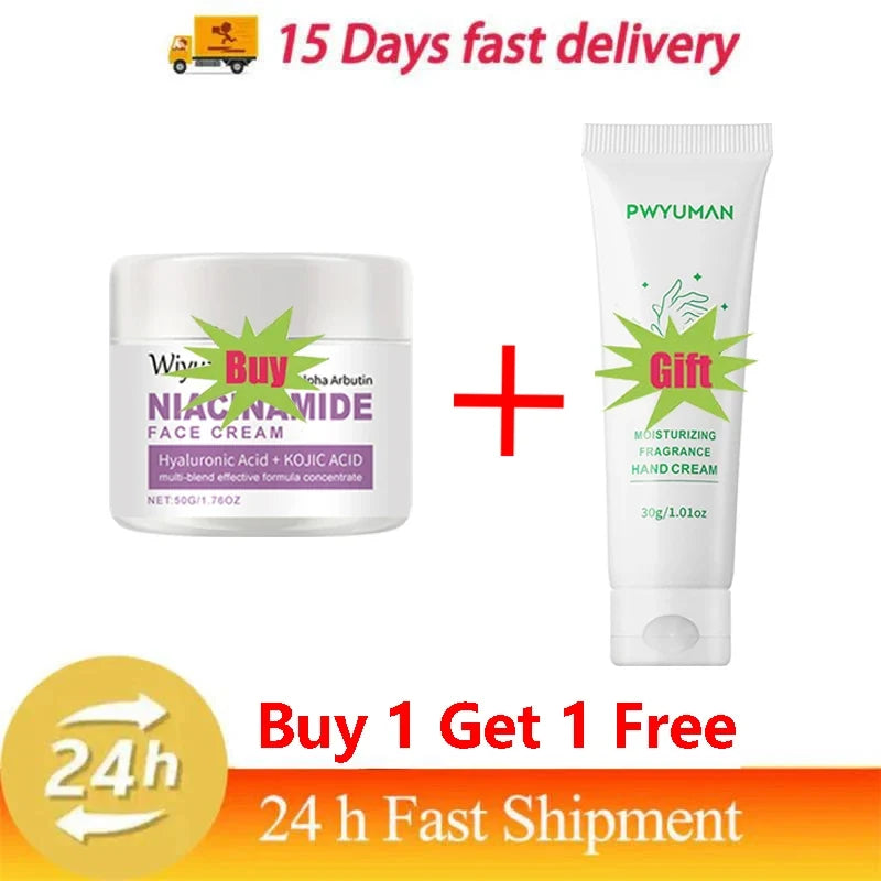 Niacinamide face cream jar with hyaluronic and kojic acid plus gift moisturizing hand cream tube on Tampa Home & Garden Store