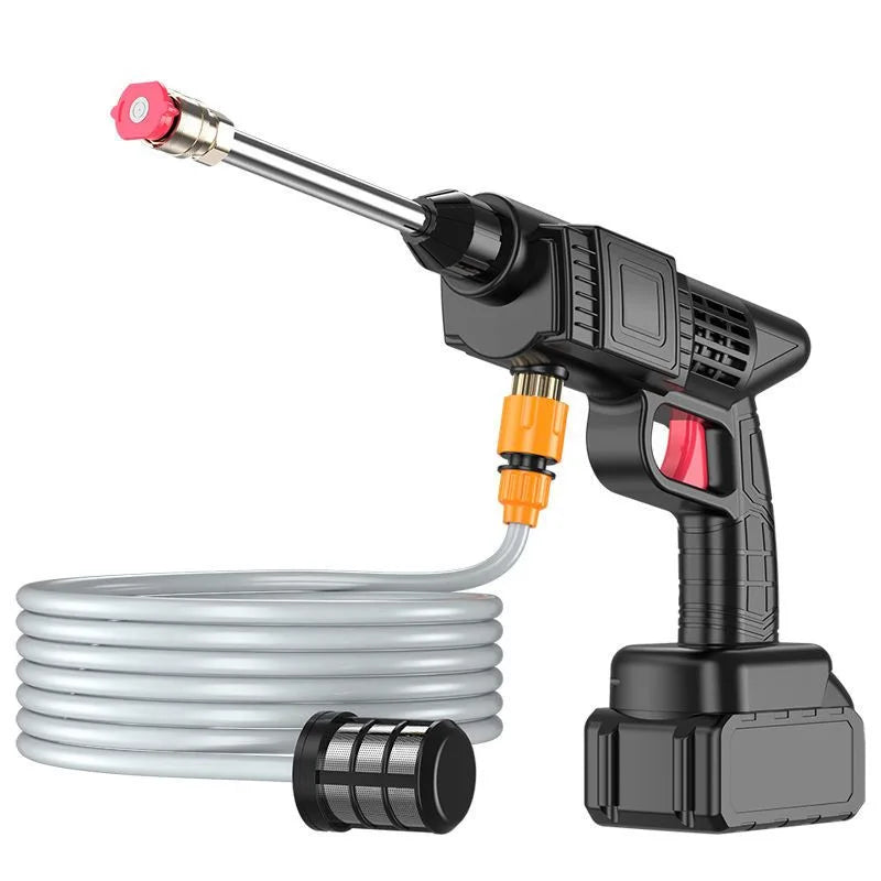 Rechargeable high-pressure water gun, UpTrend sprayer with orange fitting and gray hose on Tampa Home & Garden Store