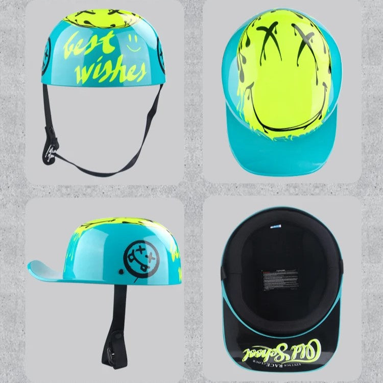 Vintage Half Motorcycle Helmet by BikerZoneZ in turquoise blue with neon lime accents, four views on Tampa Home & Garden Store