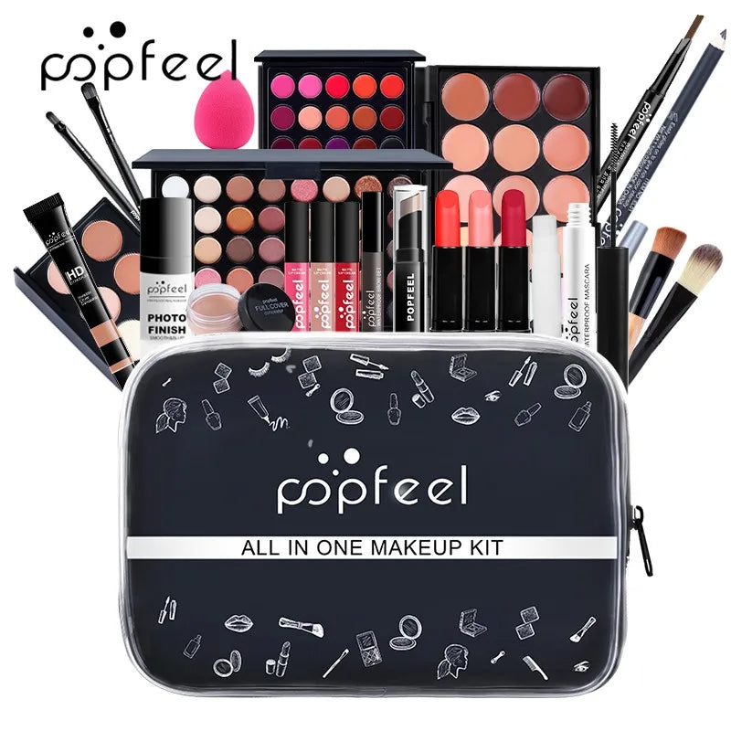 POPFEEL All In One Makeup Kit in black case with palettes, lipsticks and brushes by Silcy Skin on Tampa Home & Garden Store