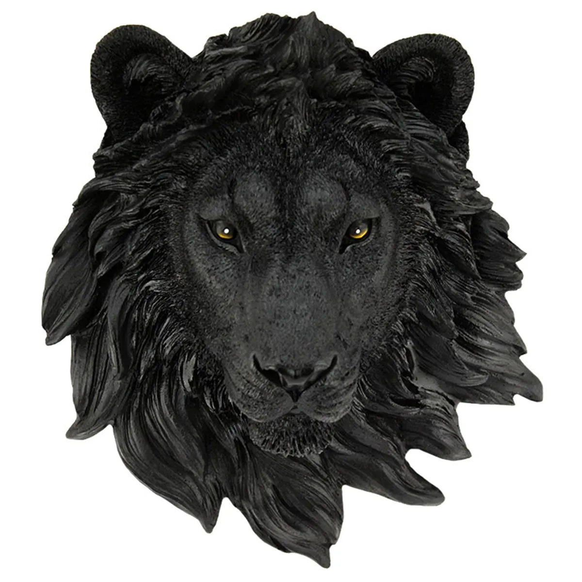 Perfecsy black lion head wall decor with textured mane and amber eyes on Tampa Home & Garden Store