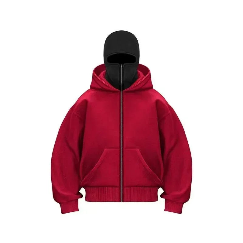Men's Balaclava Zip Hoodie red with black balaclava, full zipper, front pockets on Tampa Home & Garden Store