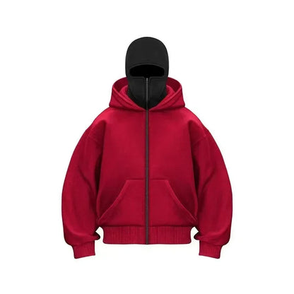 Men's Balaclava Zip Hoodie red with black balaclava, full zipper, front pockets on Tampa Home & Garden Store