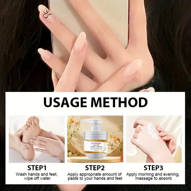Collagen hand and foot cream by Silcy Skin in white pump bottle with 3-step usage visuals on Tampa Home & Garden Store