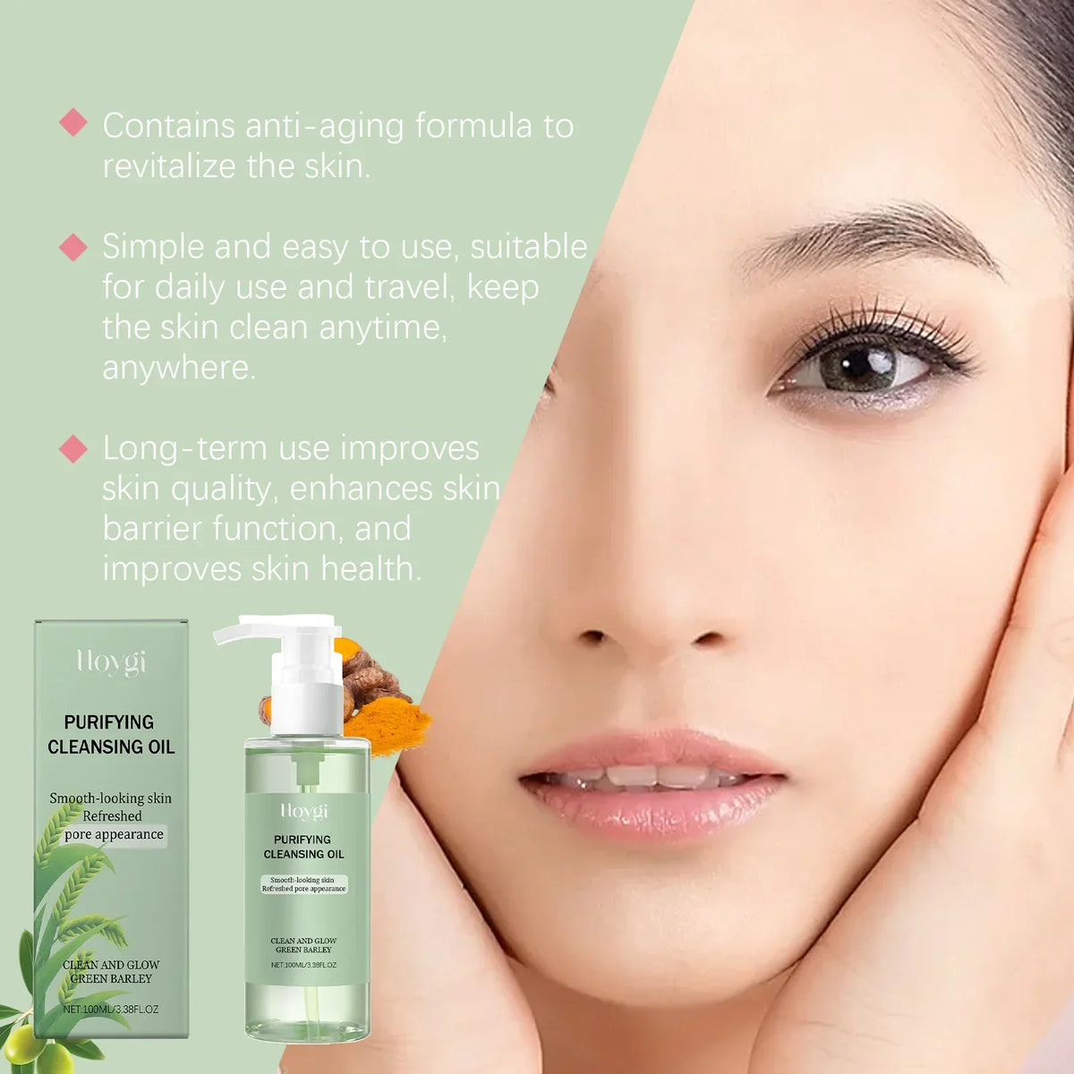 Silcy Skin purifying cleansing oil bottle with packaging beside a woman's face on background on Tampa Home & Garden Store
