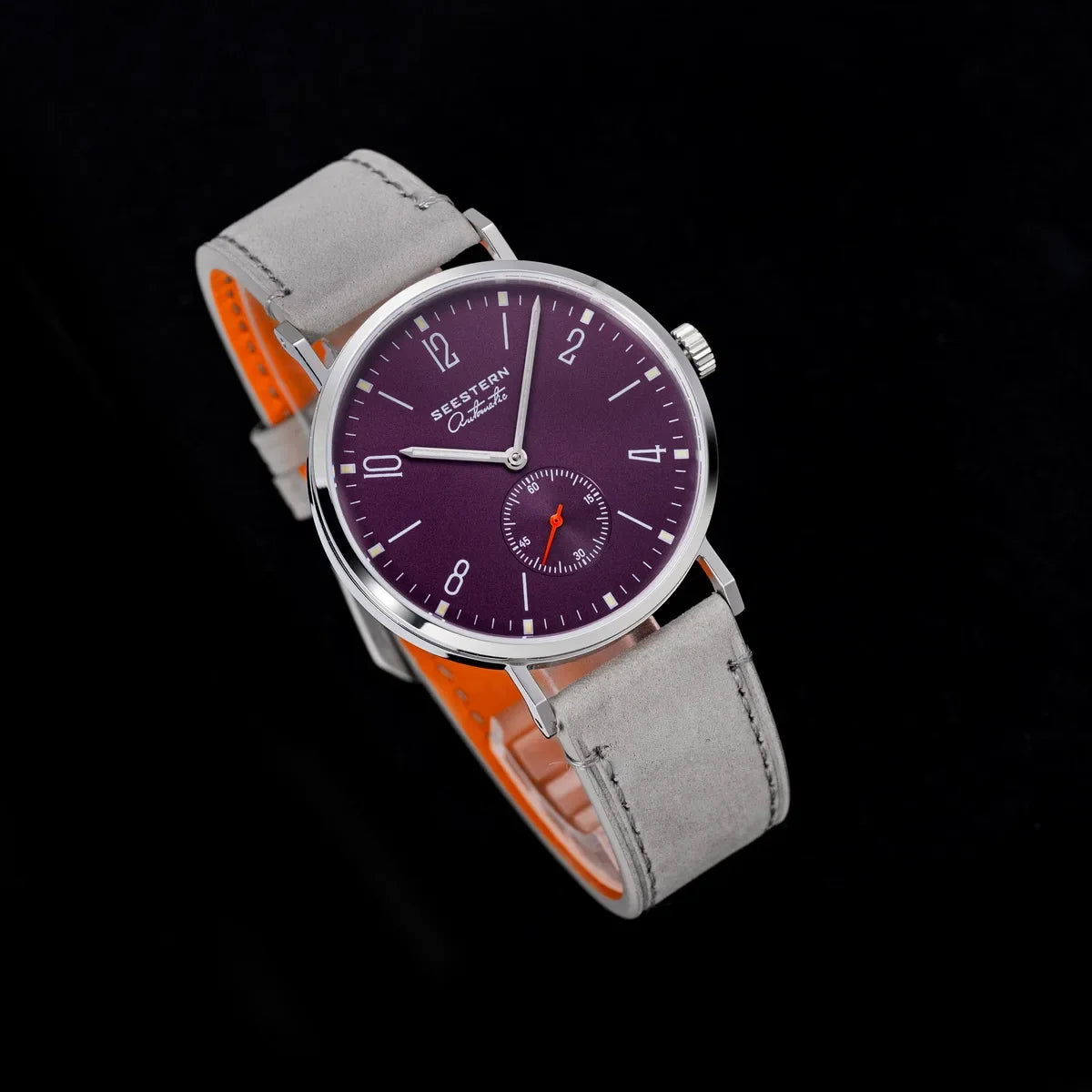 UpTrend Deals men's ultra-thin automatic dress watch with purple dial and grey suede strap on Tampa Home & Garden Store
