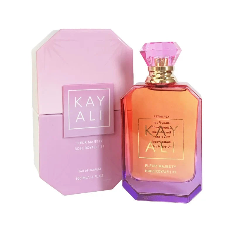 KAYALI EDP Intense perfume bottle 100ml with gradient glass and pink gem cap beside box on Tampa Home & Garden Store