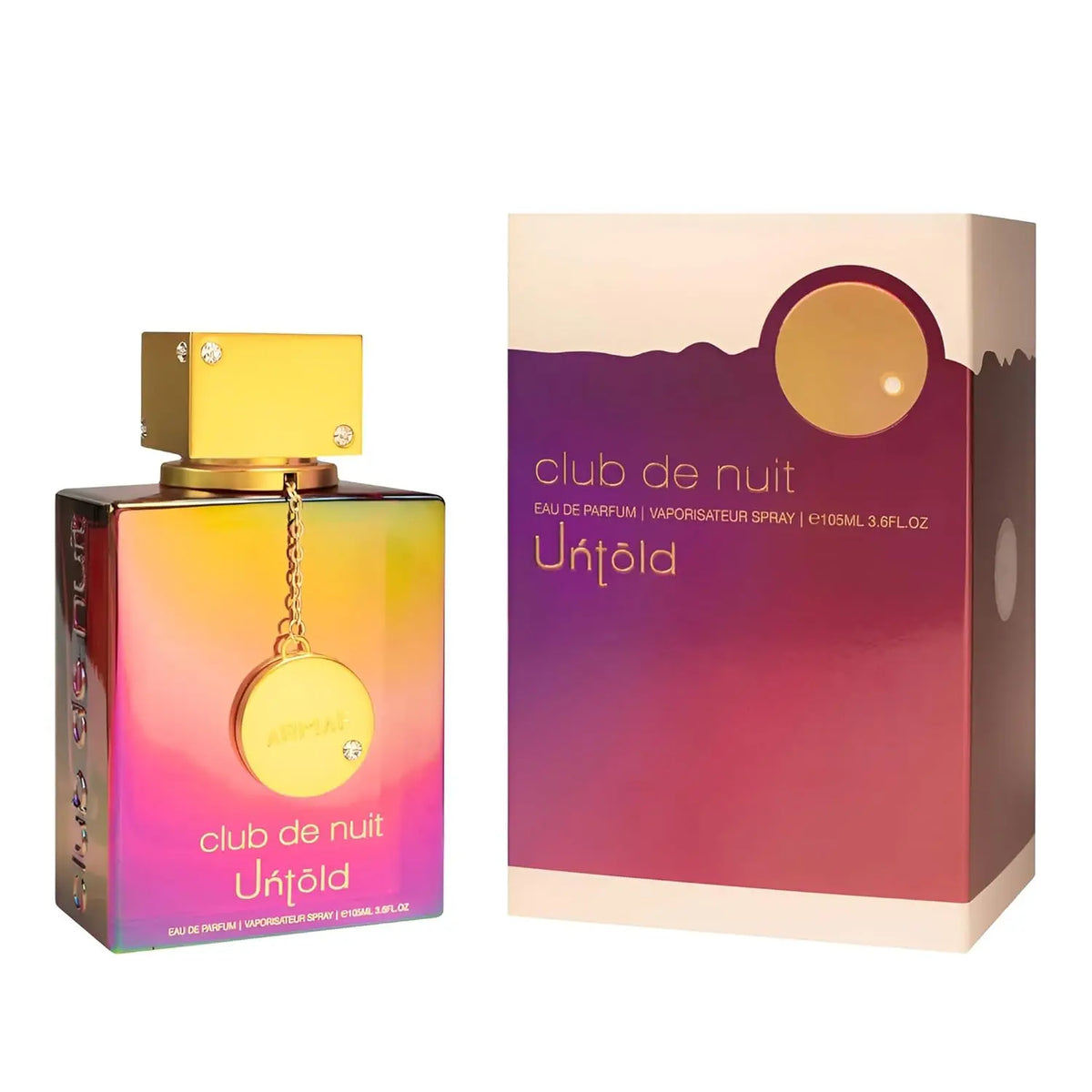Armaf Club de Nuit Untold EDP bottle with gold cap, pink-gold gradient finish and pendant charm; boxed set on Tampa Home & Garden Store
