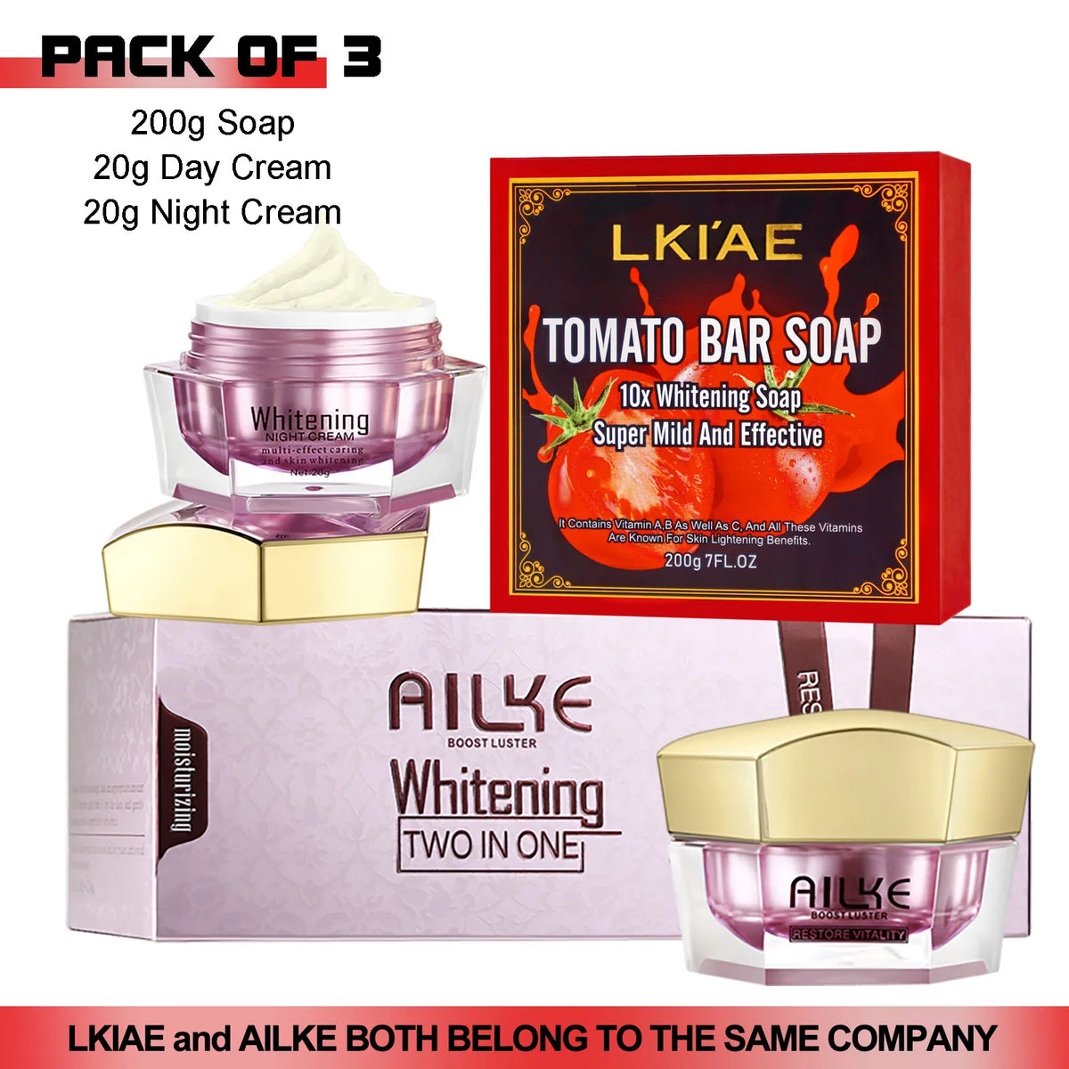 Pack of 3 skincare set LKIAE Tomato Bar Soap 200g and AILKE Whitening Night Cream by Silcy Skin on Tampa Home & Garden Store