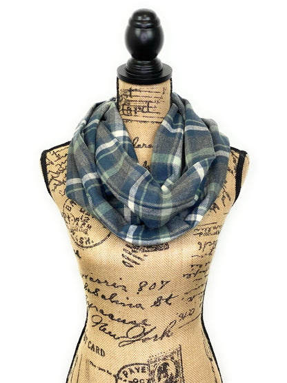Sage, Dusty Blue, Heather Gray, and Cream Flannel Plaid Infinity or Blanket Scarf - Tampa Home & Garden Store