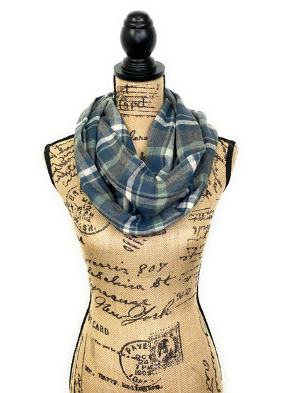 Sage, Dusty Blue, Heather Gray, and Cream Flannel Plaid Infinity or Blanket Scarf - Tampa Home & Garden Store