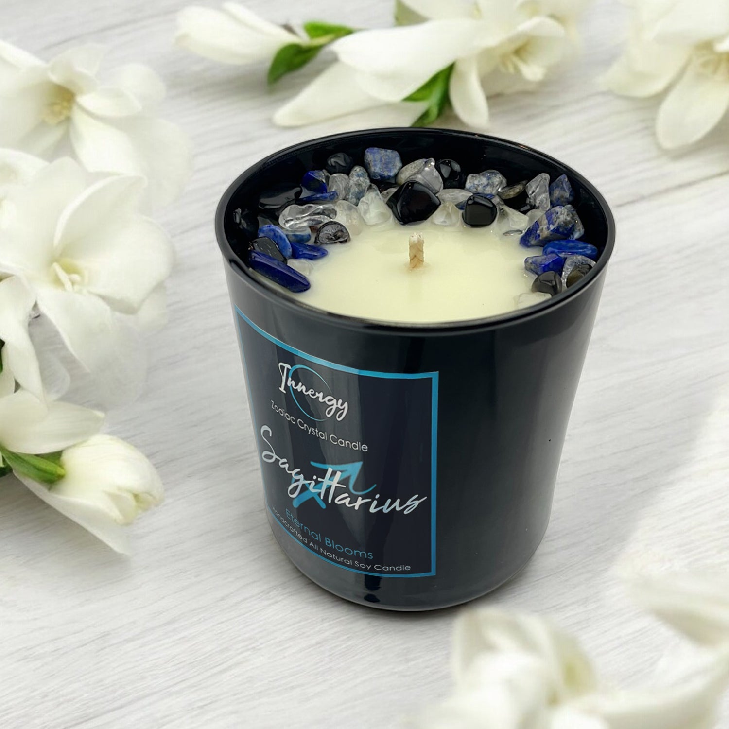 Sagittarius Zodiac Crystal Candle with Black Obsidian, Lapis Lazuli, and Crystal Quartz | Coconut-Soy Wax Candle, 9oz - Tampa Home & Garden Store