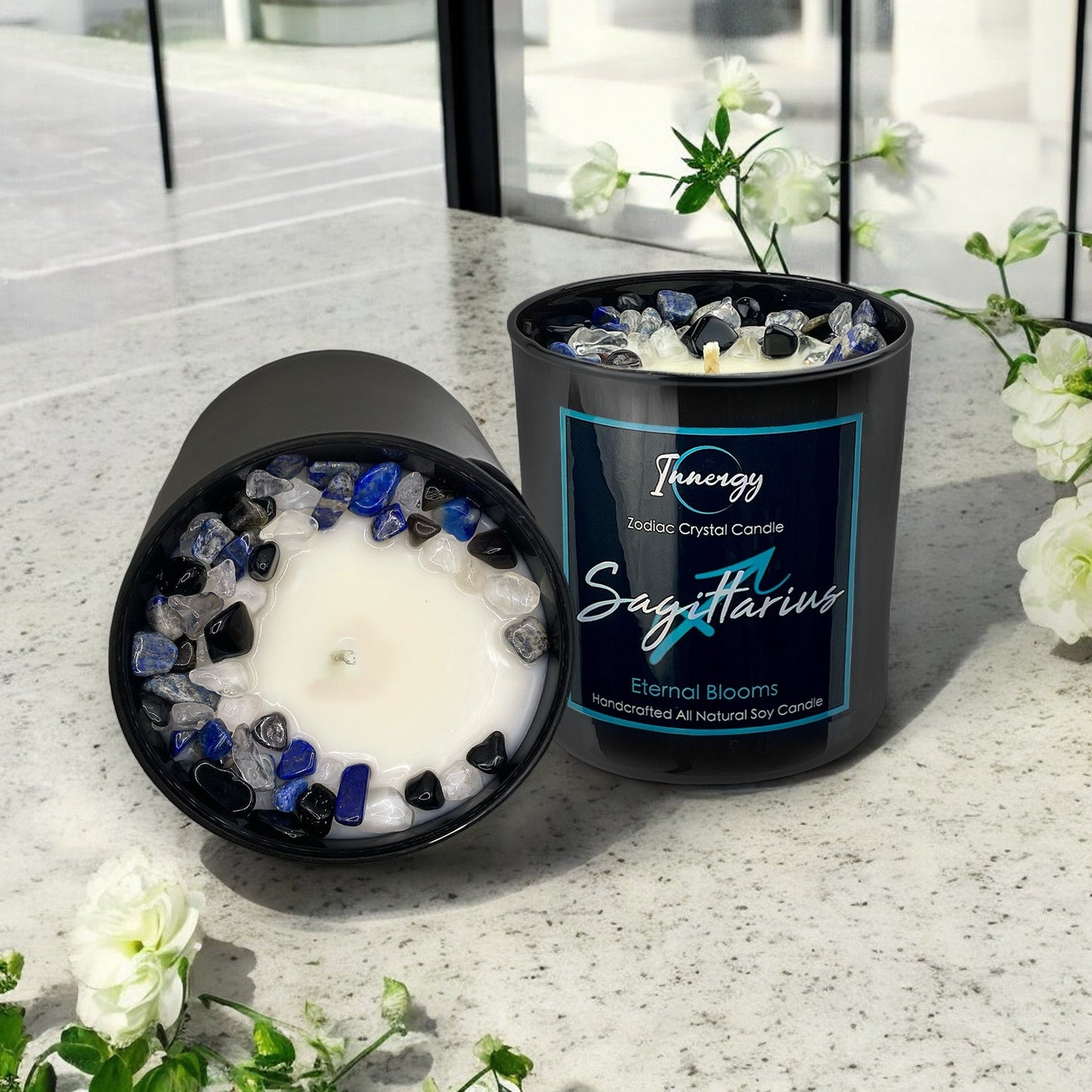 Sagittarius Zodiac Crystal Candle with Black Obsidian, Lapis Lazuli, and Crystal Quartz | Coconut-Soy Wax Candle, 9oz - Tampa Home & Garden Store