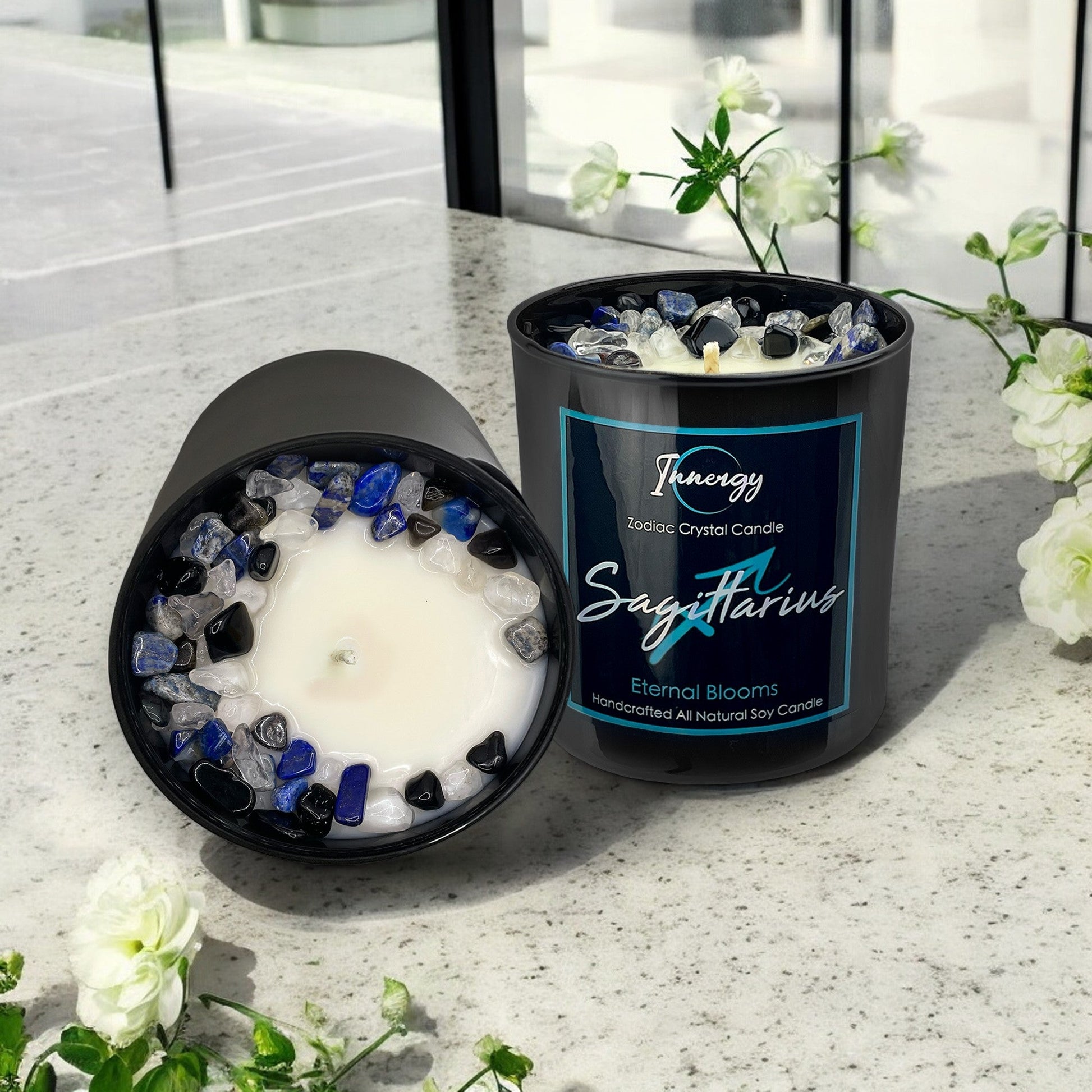 Sagittarius Zodiac Crystal Candle with Black Obsidian, Lapis Lazuli, and Crystal Quartz | Coconut-Soy Wax Candle, 9oz - Tampa Home & Garden Store