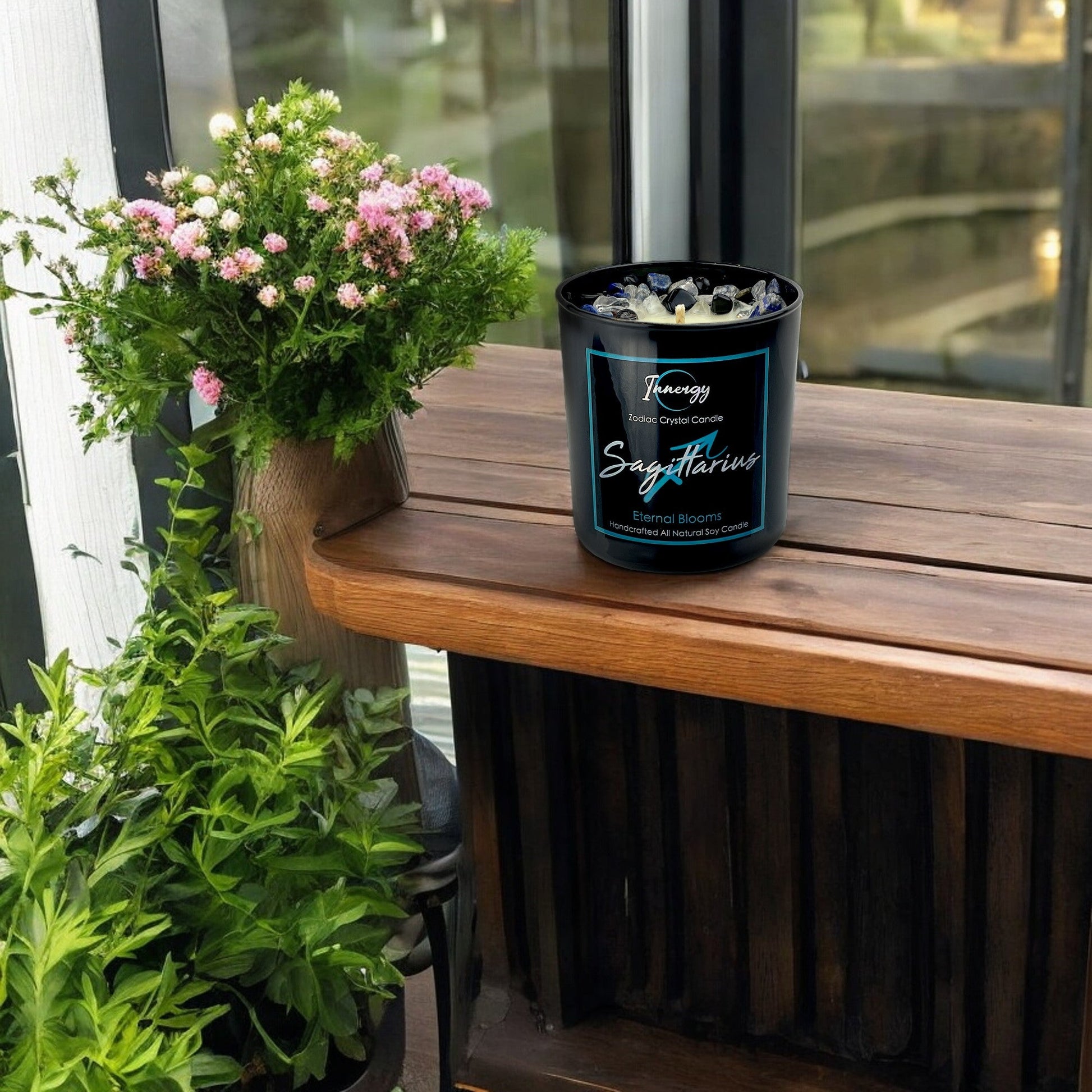 Sagittarius Zodiac Crystal Candle with Black Obsidian, Lapis Lazuli, and Crystal Quartz | Coconut-Soy Wax Candle, 9oz - Tampa Home & Garden Store