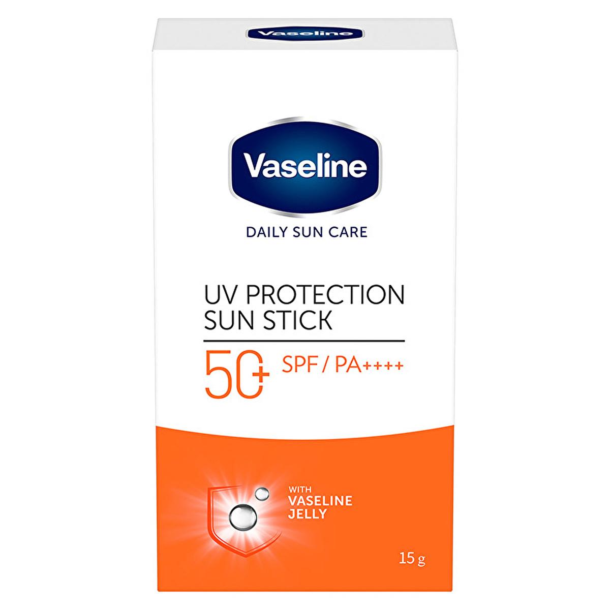 Vaseline UV Protection Sun Stick SPF 50+ box white/orange packaging with blue Vaseline logo on Tampa Home & Garden Store