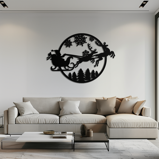 Santa Sleigh Metal Wall Art - Christmas Reindeer & Snowflake Decor- KAF287 - Tampa Home & Garden Store