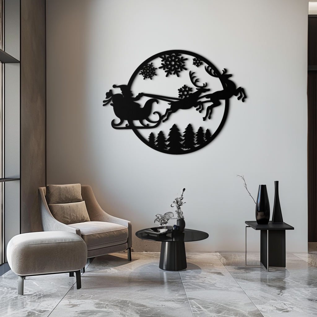 Santa Sleigh Metal Wall Art - Christmas Reindeer & Snowflake Decor- KAF287 - Tampa Home & Garden Store