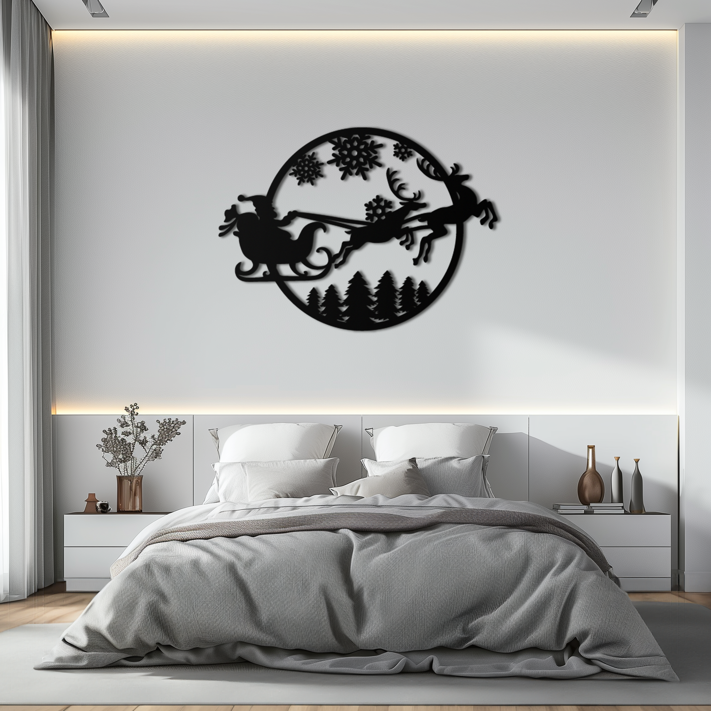 Santa Sleigh Metal Wall Art - Christmas Reindeer & Snowflake Decor- KAF287 - Tampa Home & Garden Store