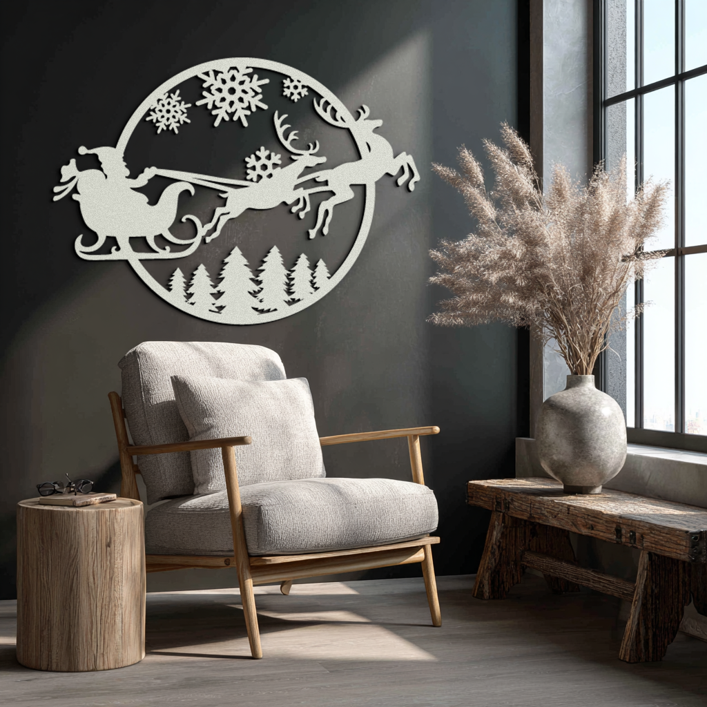 Santa Sleigh Metal Wall Art - Christmas Reindeer & Snowflake Decor- KAF287 - Tampa Home & Garden Store