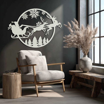 Santa Sleigh Metal Wall Art - Christmas Reindeer & Snowflake Decor- KAF287 - Tampa Home & Garden Store