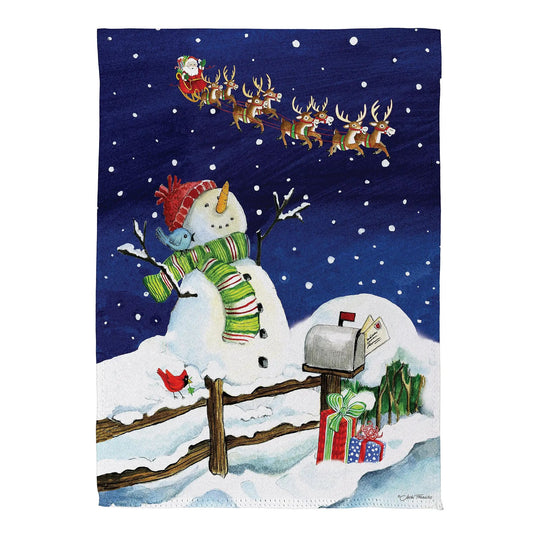 Santa and Snowman Suede House Flag with reindeer sleigh scene on blue night Evergreen on Tampa Home & Garden Store