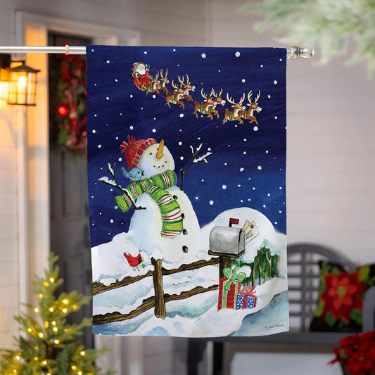 Santa and Snowman suede house flag garden by Evergreen Enterprises in blue with snowflakes on Tampa Home & Garden Store
