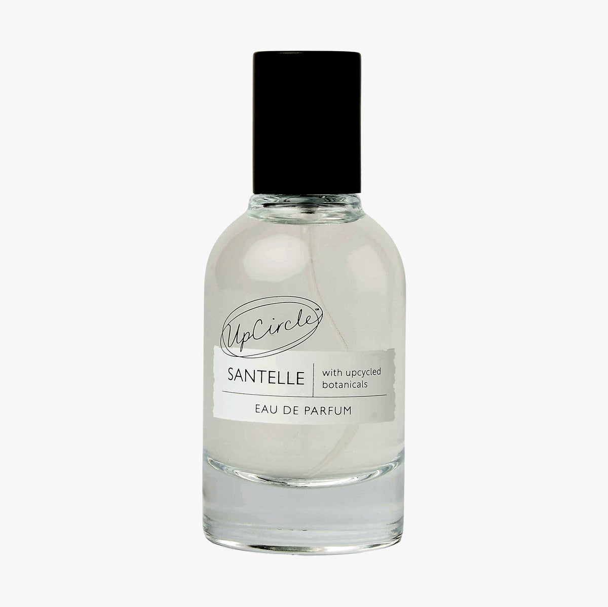 Santelle Eau De Parfum bottle by UpCircle, clear glass with black cap and minimalist label on Tampa Home & Garden Store