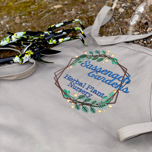 Sassenach Gardens Herbal Plant Nursery Embroidered Gardening Apron - Craftsman and Canvas Style Options - Tampa Home & Garden Store