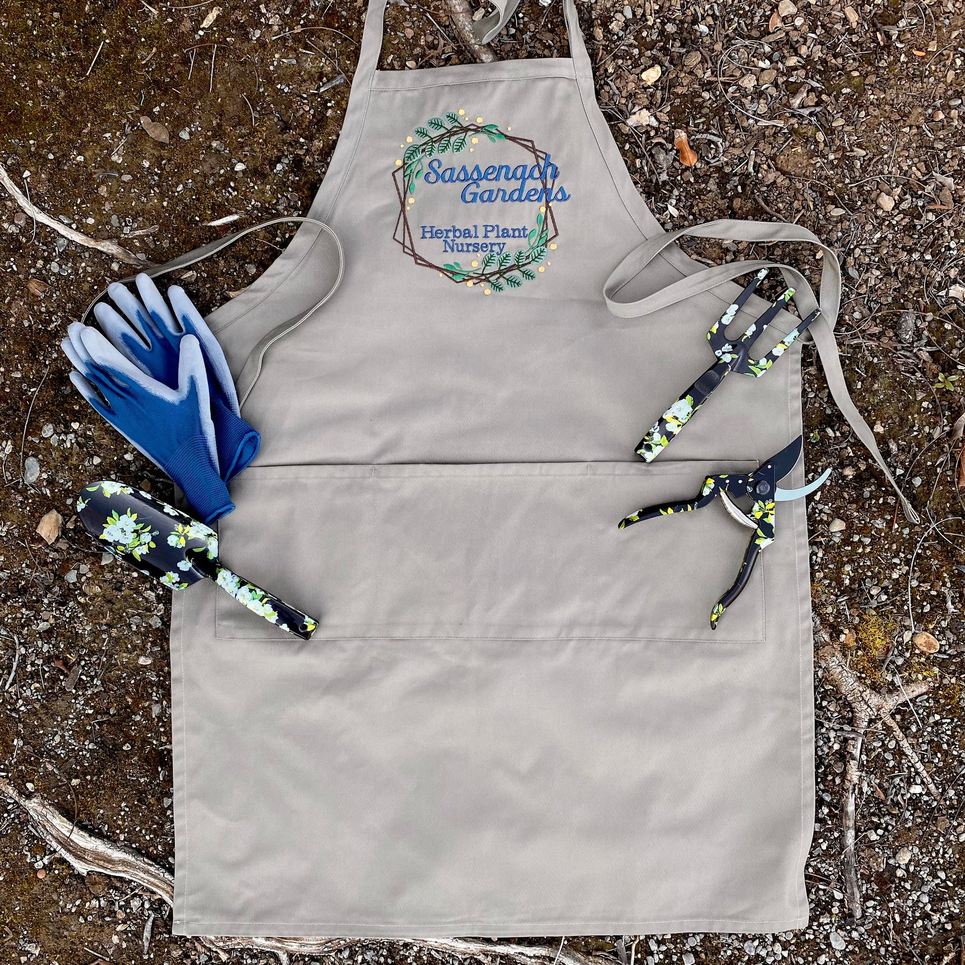 Sassenach Gardens Herbal Plant Nursery Embroidered Gardening Apron - Craftsman and Canvas Style Options - Tampa Home & Garden Store