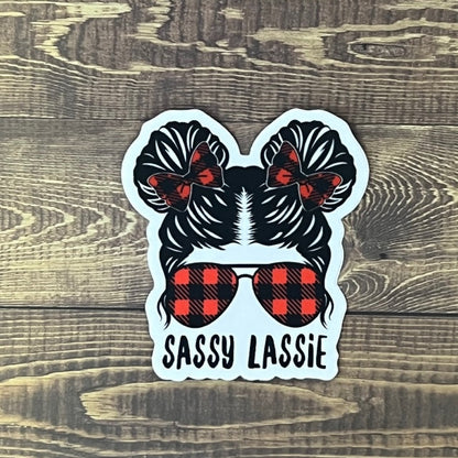 Sassy Lassie Buffalo Plaid Messy Pigtails Aviators 3" Sticker - Tampa Home & Garden Store
