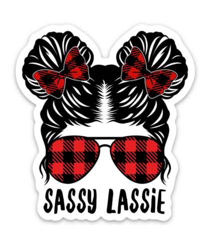 Sassy Lassie Buffalo Plaid Messy Pigtails Aviators 3" Sticker - Tampa Home & Garden Store
